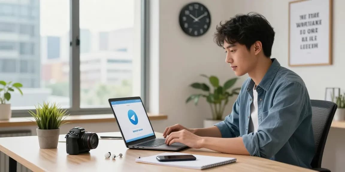 Download Telegram app on a sleek laptop in a modern workspace, showcasing technology.