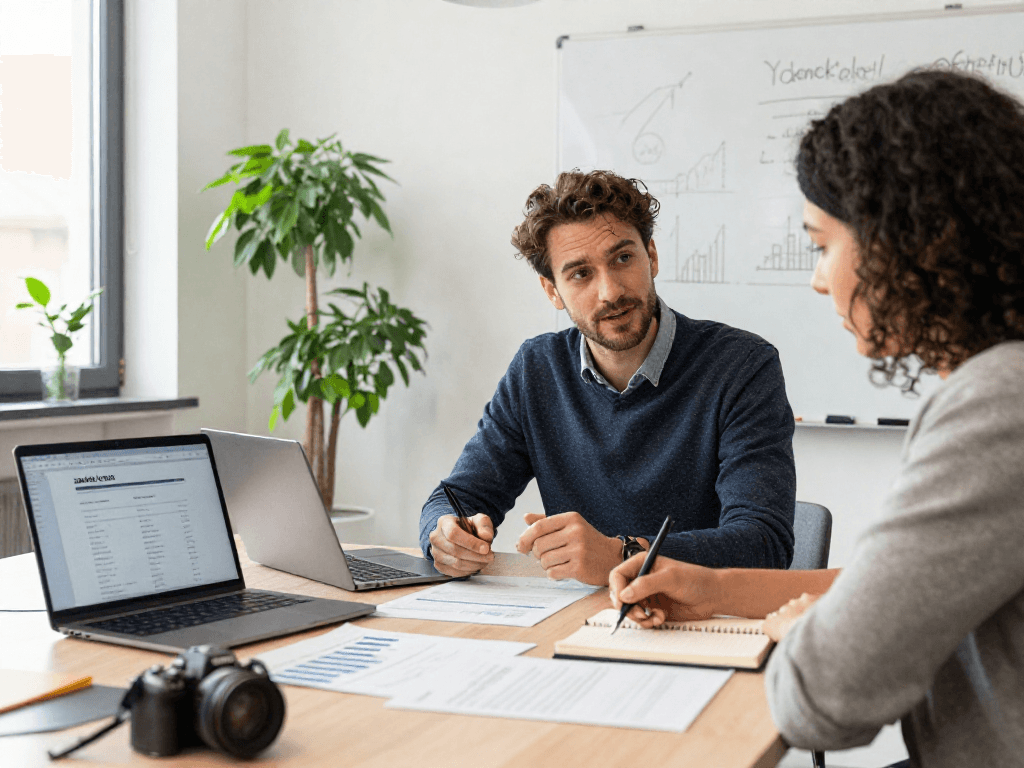 Zakelijk krediet bespreking tussen financieel adviseur en ondernemer in moderne kantooromgeving.