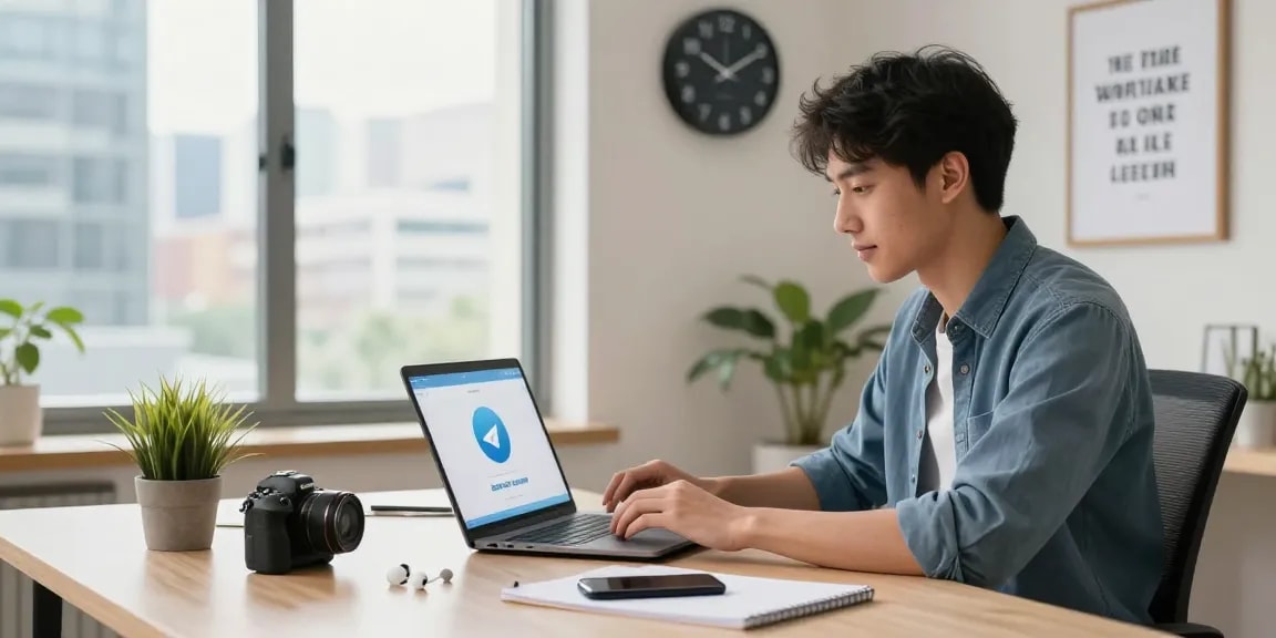 Download Telegram app on a sleek laptop in a modern workspace, showcasing technology.