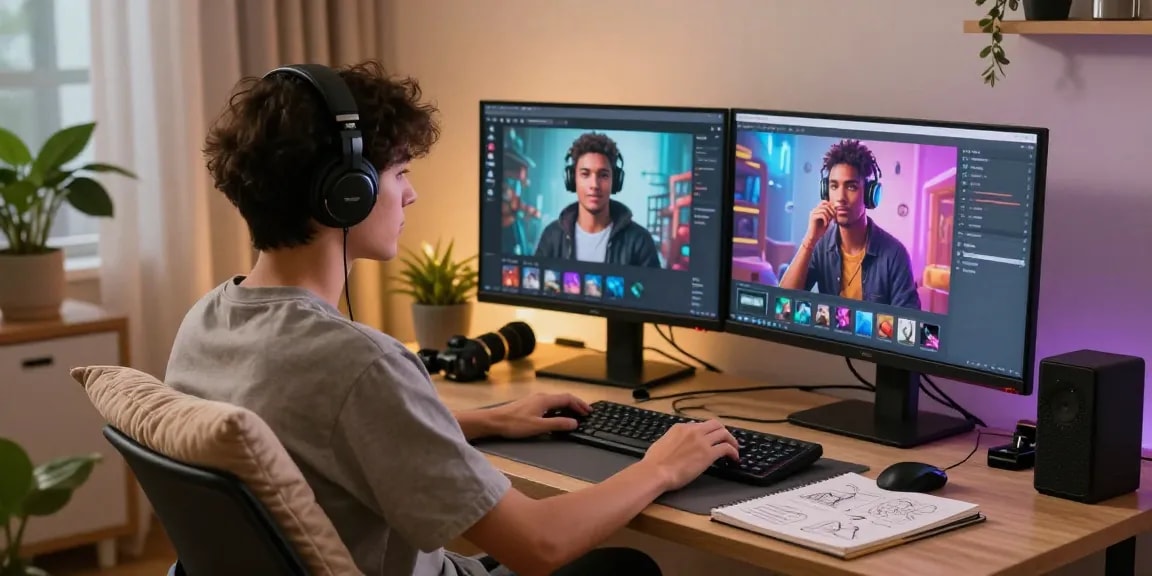 Interactive scene of user exploring nsfw character ai platform on dual screens in cozy home office.