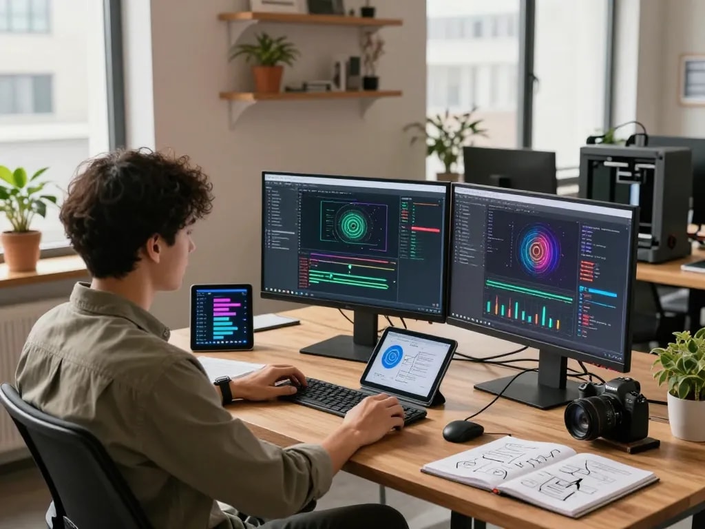 AI software engineer at a modern workspace creating solutions with juicy ai technology.