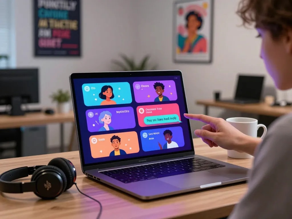 Interactive session using spicy chat AI on a laptop in a vibrant tech workspace.
