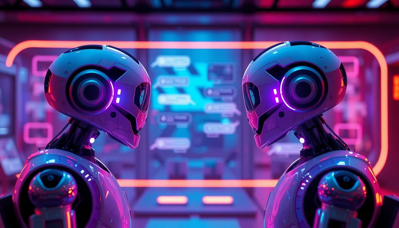 Sexting AI chatbots in a futuristic digital interaction featuring glowing interfaces and playful banter.