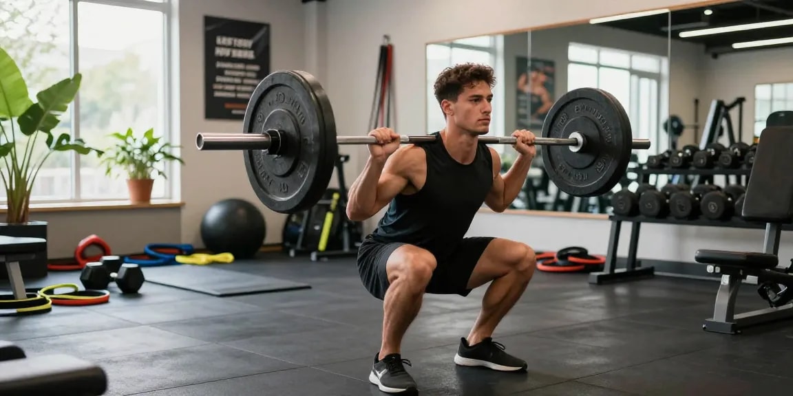 Prime Pharma Steroiden are featured in a gym scene with a man performing squats, showcasing fitness dedication and high-quality training.