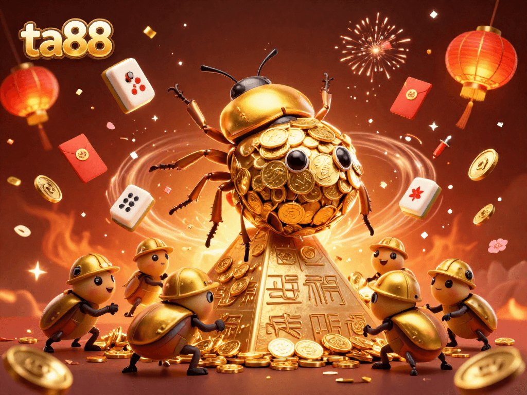 Experience ta88's vibrant casino adventure with golden beetles and festive elements.