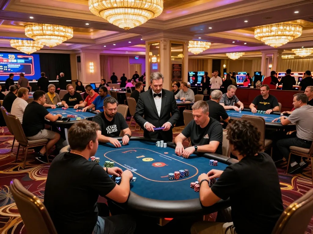 MAX88 poker action at a bustling casino tournament showcasing players and vibrant atmosphere.