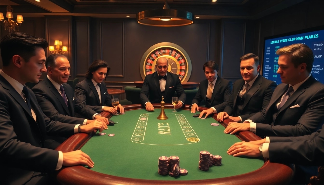 Players in a man club eagerly betting at a luxurious casino poker table.