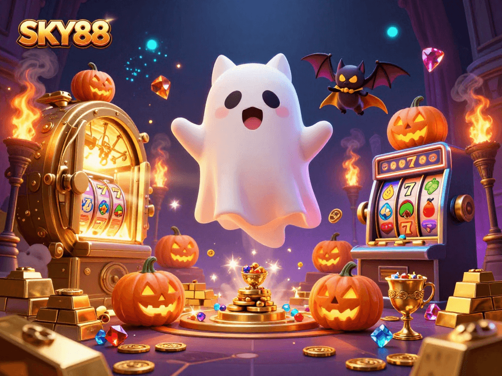 Engaging SKY88 casino scene with a friendly ghost cat, vampire bat, glowing slot machine, and treasures.