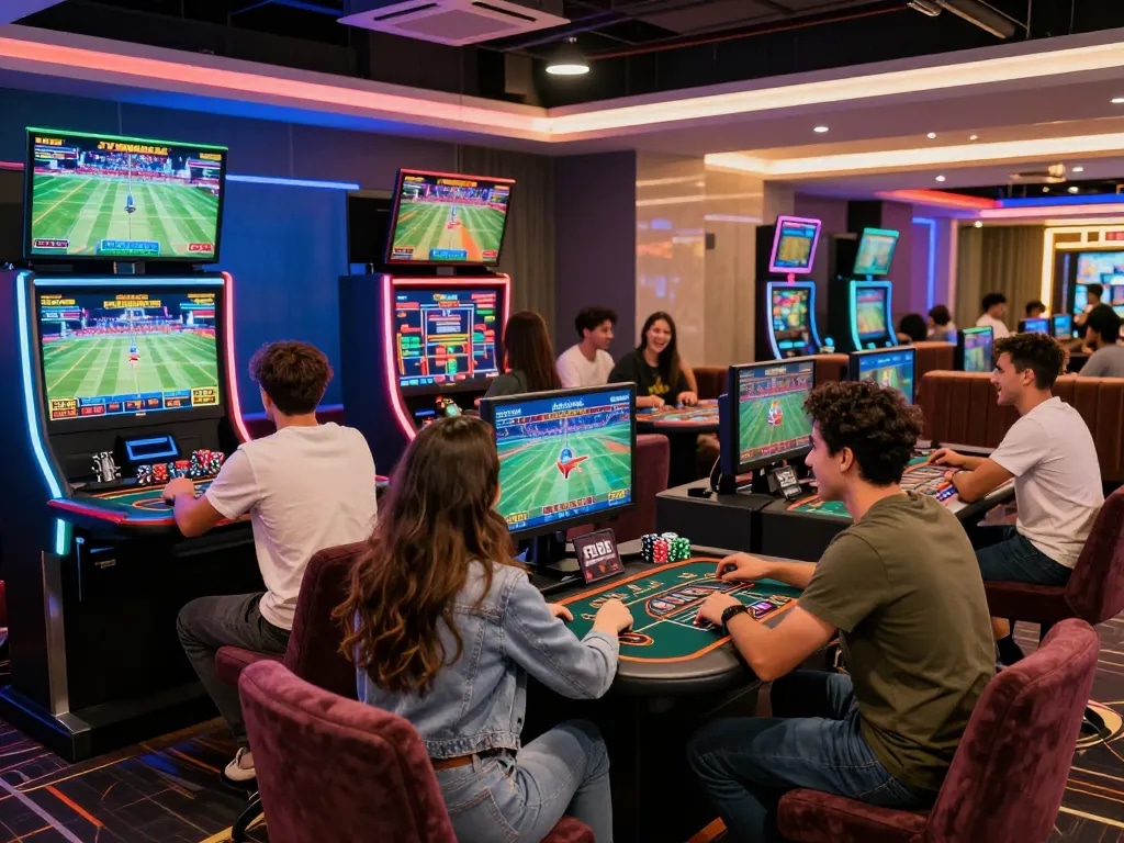 Friends enjoying a lively gaming experience at FB88's modern betting lounge.