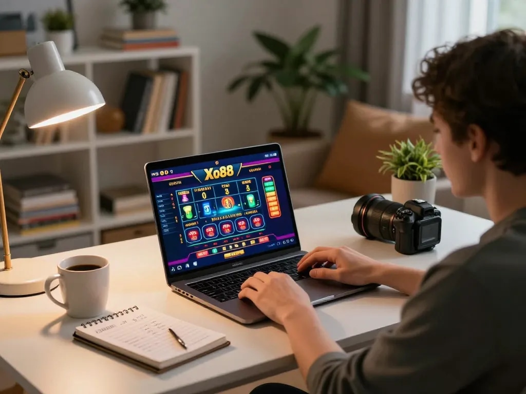 Xo88 user engaged in online gambling at stylish desk, showcasing vibrant casino interface.