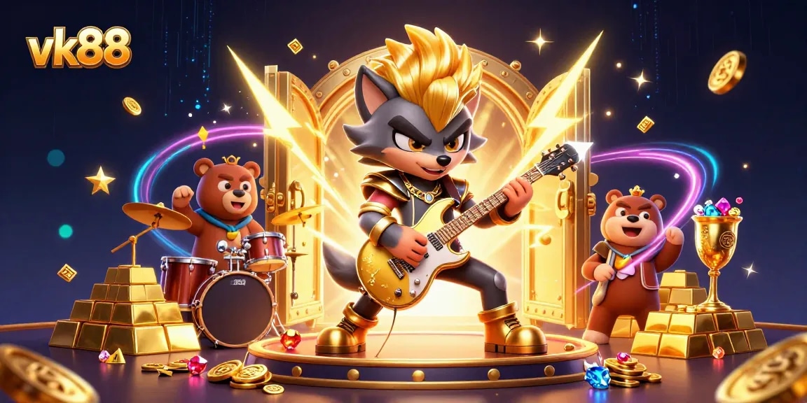 Experience vk88's rich casino scene with rock star wolf and drummer bear surrounded by treasures.
