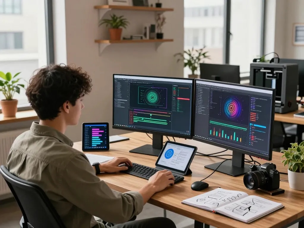 AI software engineer at a modern workspace creating solutions with juicy ai technology.