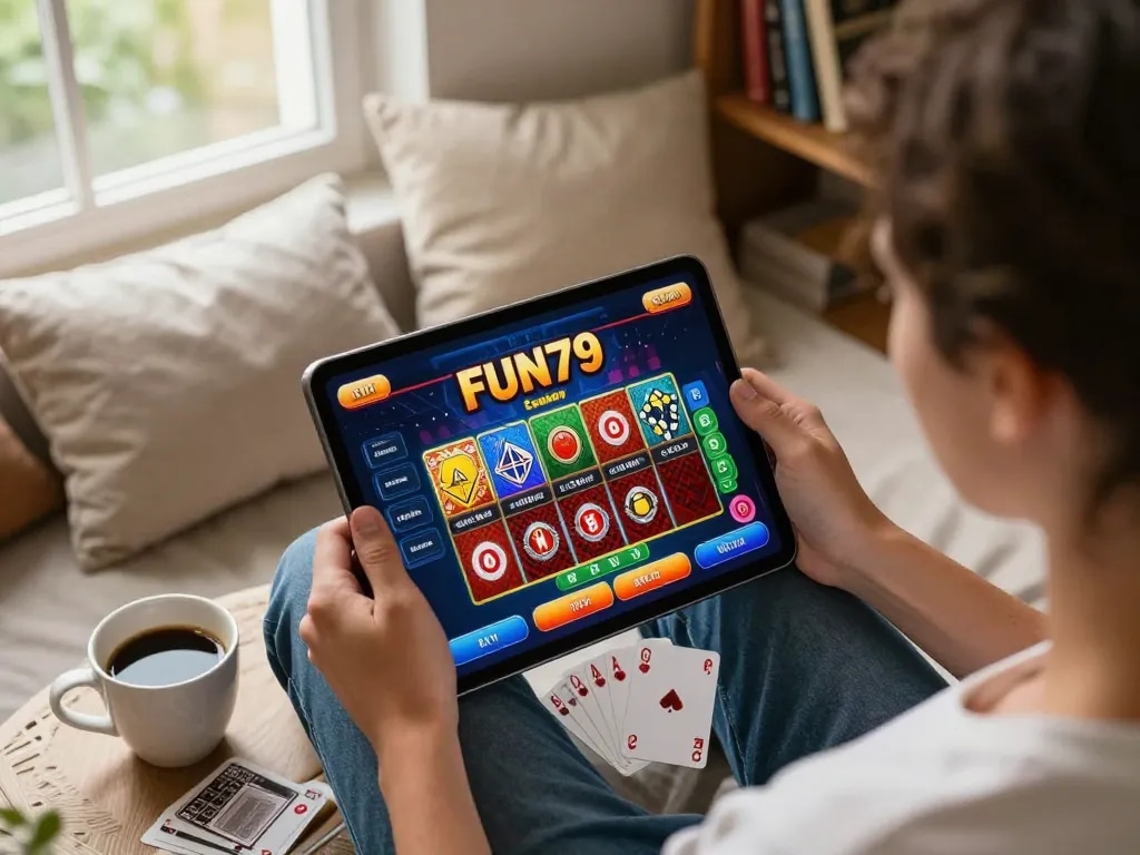 Engaging online gaming at fun79 with person using tablet to enjoy casino games in a cozy home setting.