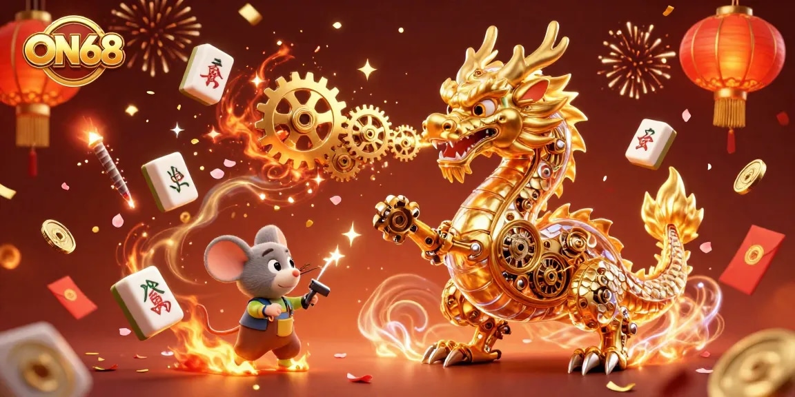 Experience the thrill of ON68 with a golden dragon and festive elements in a vibrant 3D casino scene.