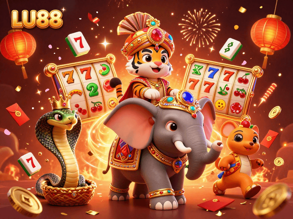 LU88 highlights thrilling slot reels with a maharaja tiger and elephant in a vibrant casino scene.
