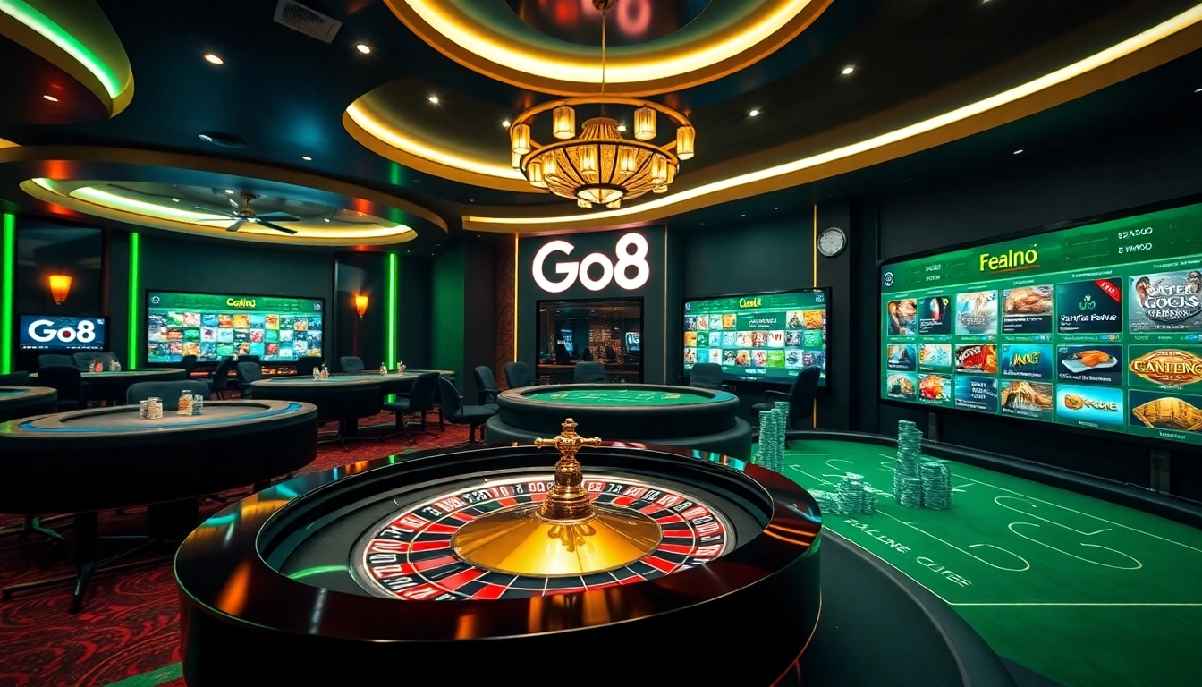 Engaging Go8 online gambling scene with roulette wheels and poker tables showcasing excitement.