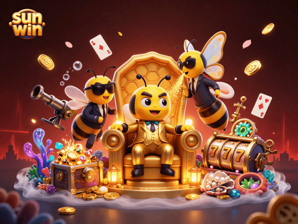 Engage with sun win's vibrant 3D casino scene featuring a bumblebee mob boss and treasures!