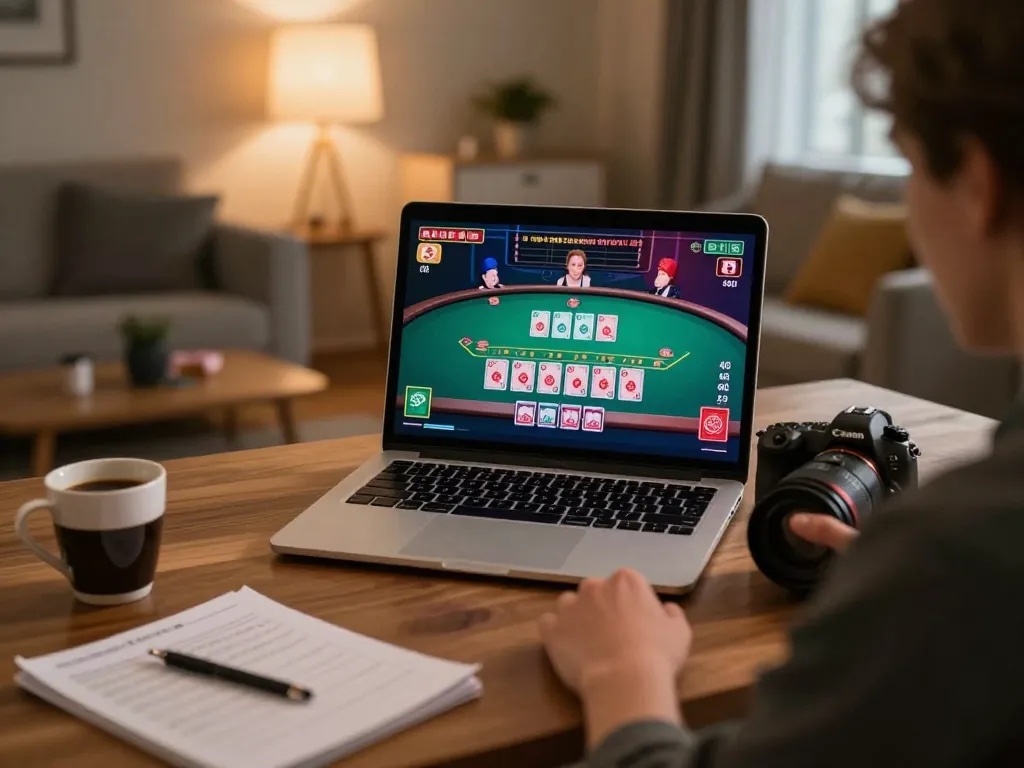 Player engaging in an exciting kp88 online blackjack session on modern laptop at home, showcasing strategic gameplay