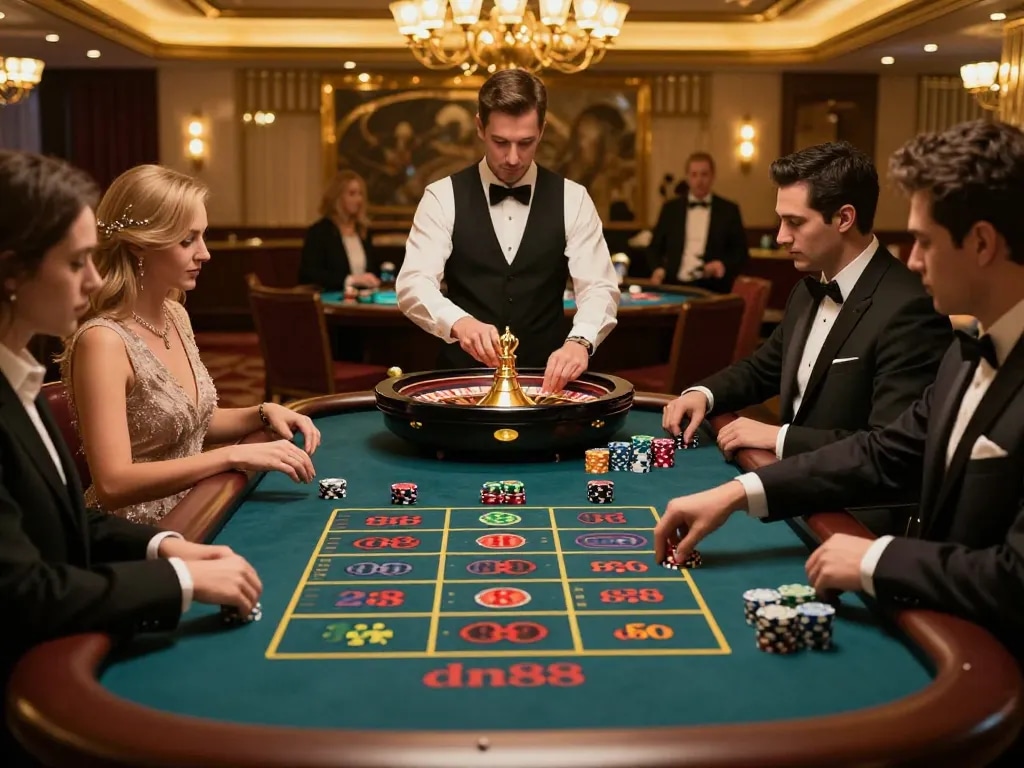 Players placing bets at dn88’s roulette table in an upscale casino atmosphere.