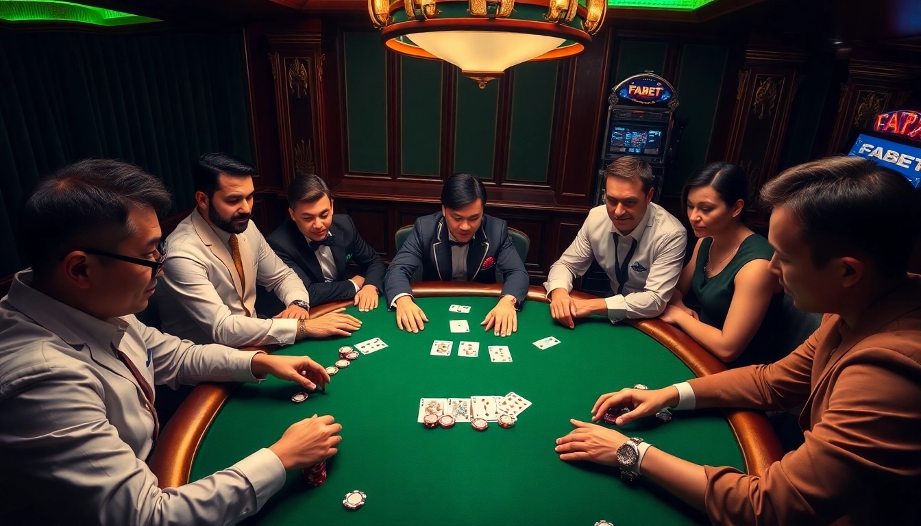 Engaging poker game at a FABET casino table showcasing players' strategies.