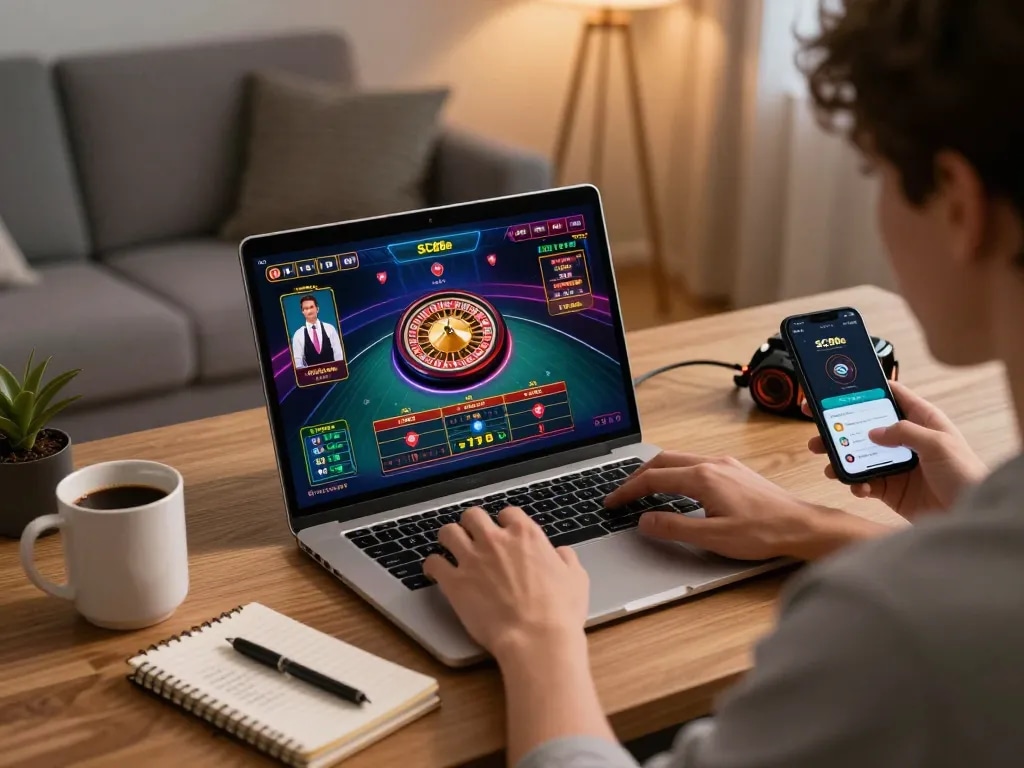 Player engaging in SC88e online gambling with laptop and smartphone at stylish home desk