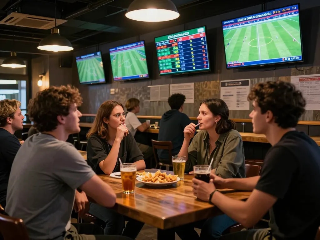 Kết quả bóng đá displayed prominently on screens in a vibrant sports bar during live betting.