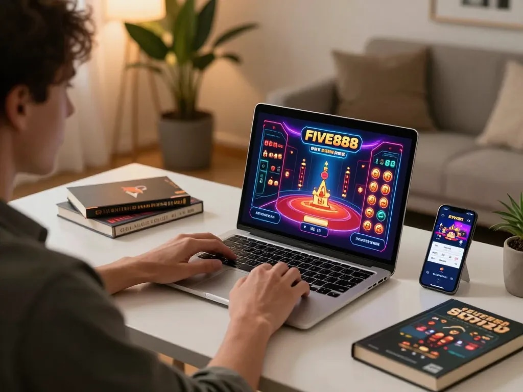 Player engaging with five888 app on laptop while strategizing with books, showcasing responsible gambling.