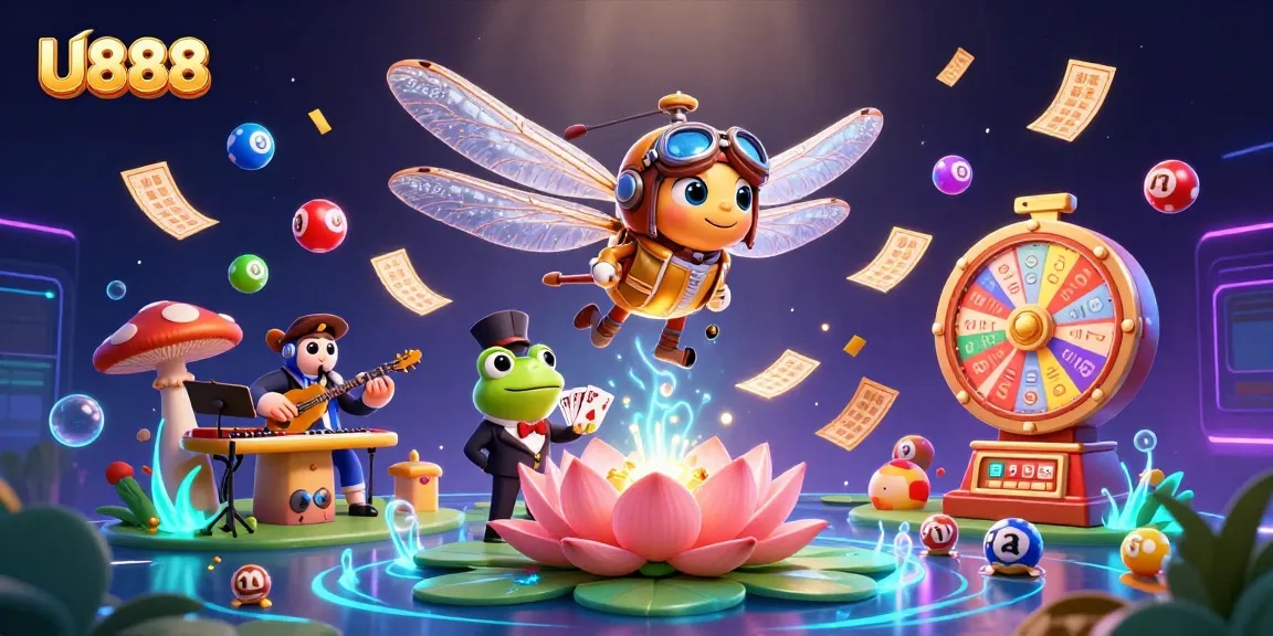 U888 thrills as a dragonfly pilot oversees a lively lily pad casino scene with engaging games.