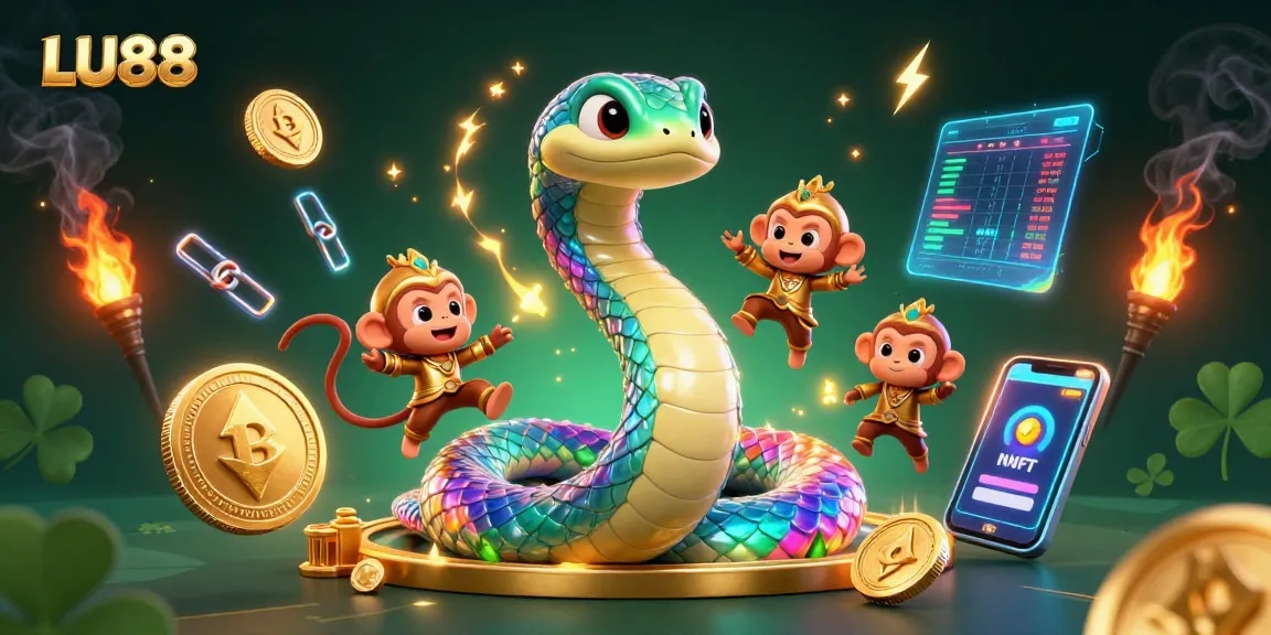 LU88 offers vibrant 3D illustrations of casino elements amidst playful characters.