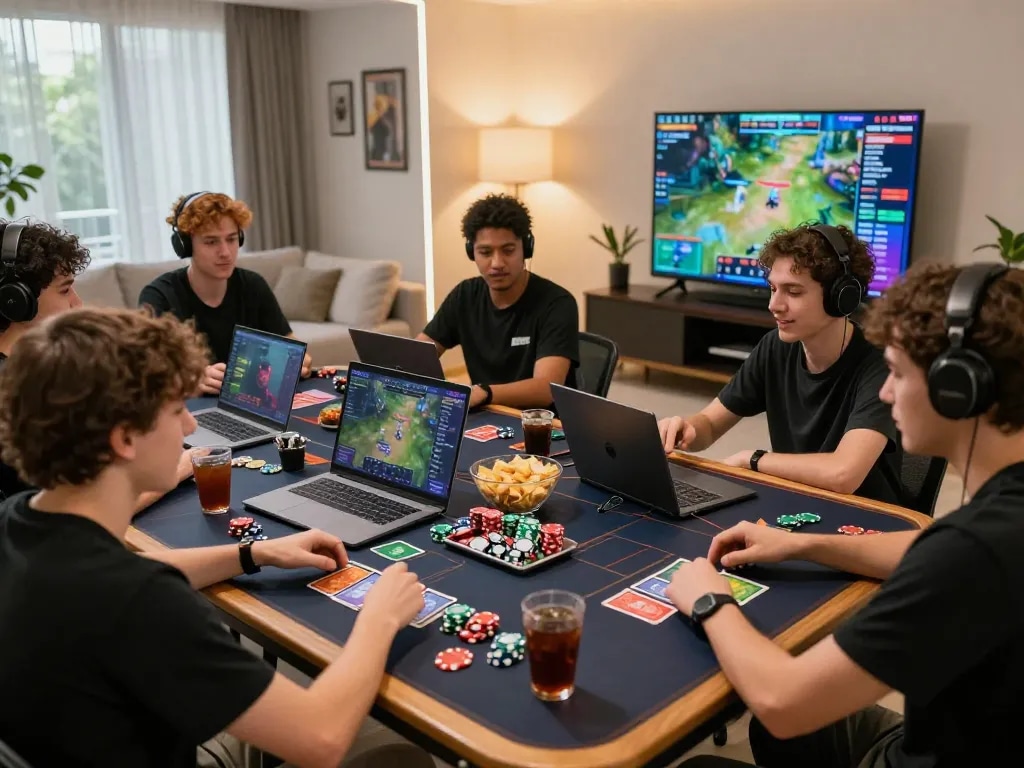 Friends enjoying a fun session at b52club online gaming table with cards and laptops.