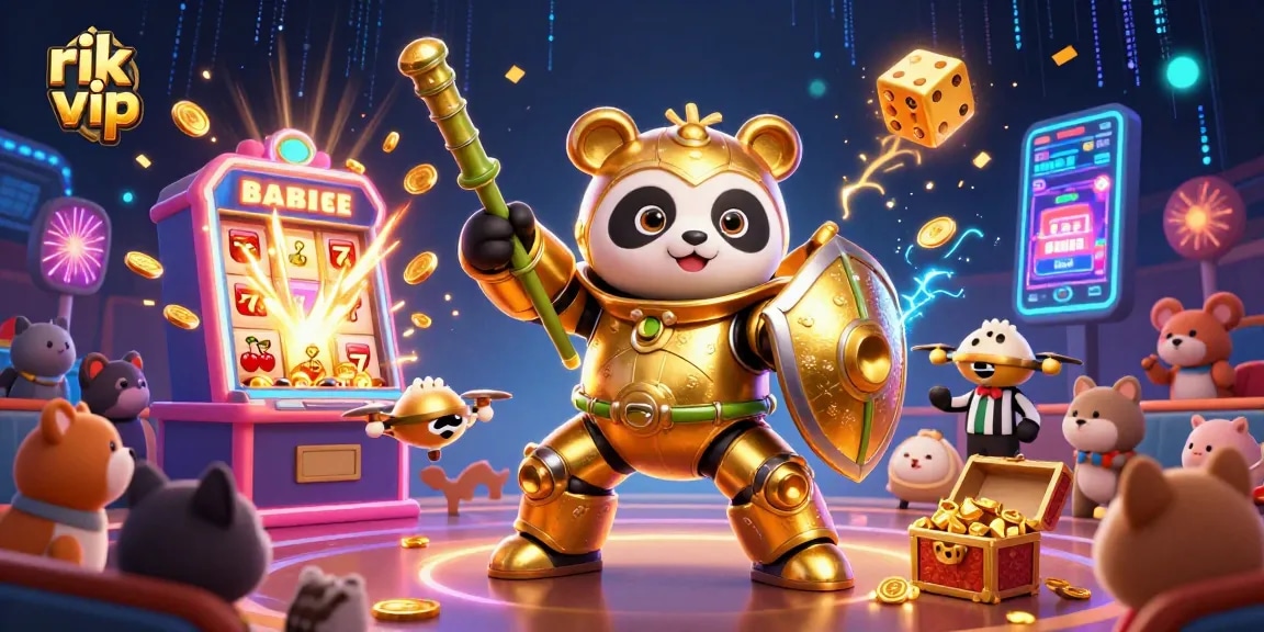 rik vip showcases an action-packed scene with a golden panda robot amid casino elements and immersive audience excitement