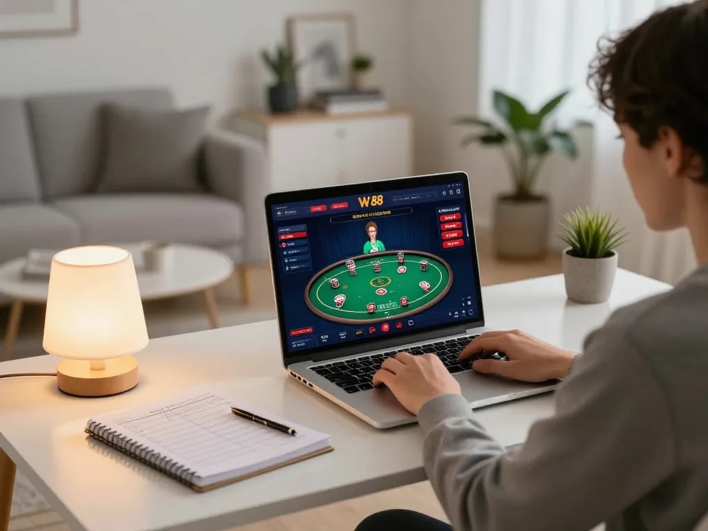 Player engaging with the W 88 casino on a laptop, showcasing a strategic poker game setup in a cozy home environment.