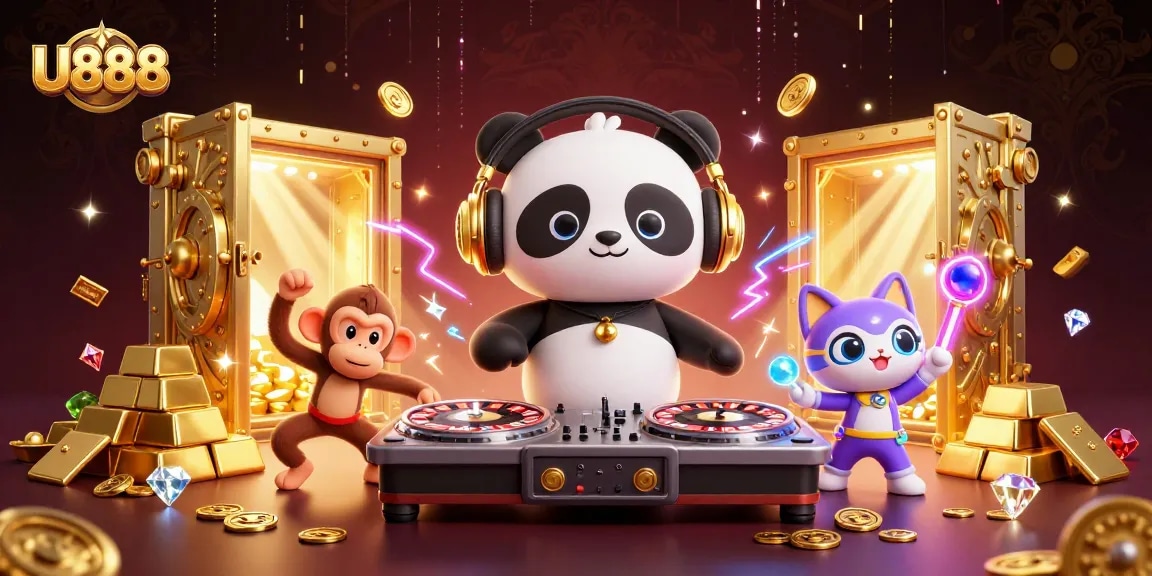 Experience the excitement of U888 with a vibrant 3D casino party scene featuring a DJ panda and friends.