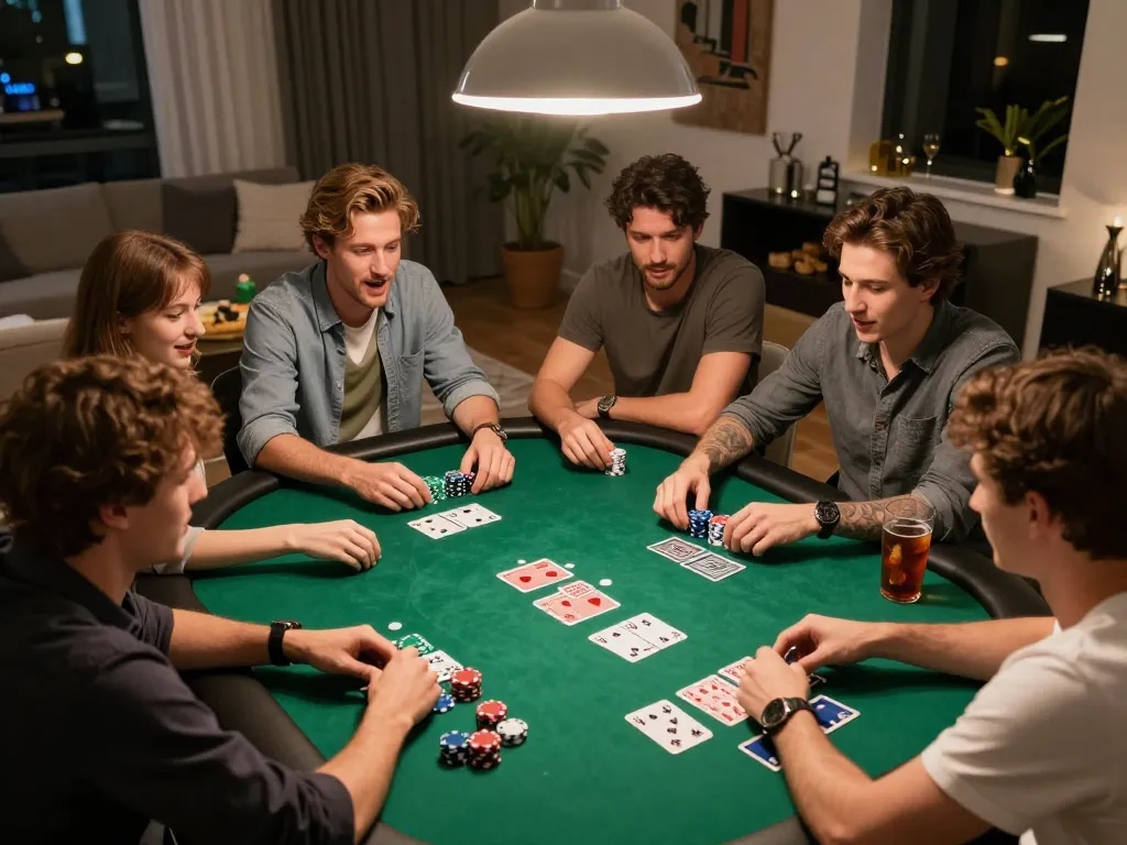 Participants enjoy a friendly poker game night at home, showcasing Red 88 poker chips and lively competition.