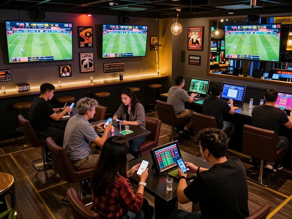 Fans engaging in sports betting at 79king lounge, excitedly placing bets during live events.