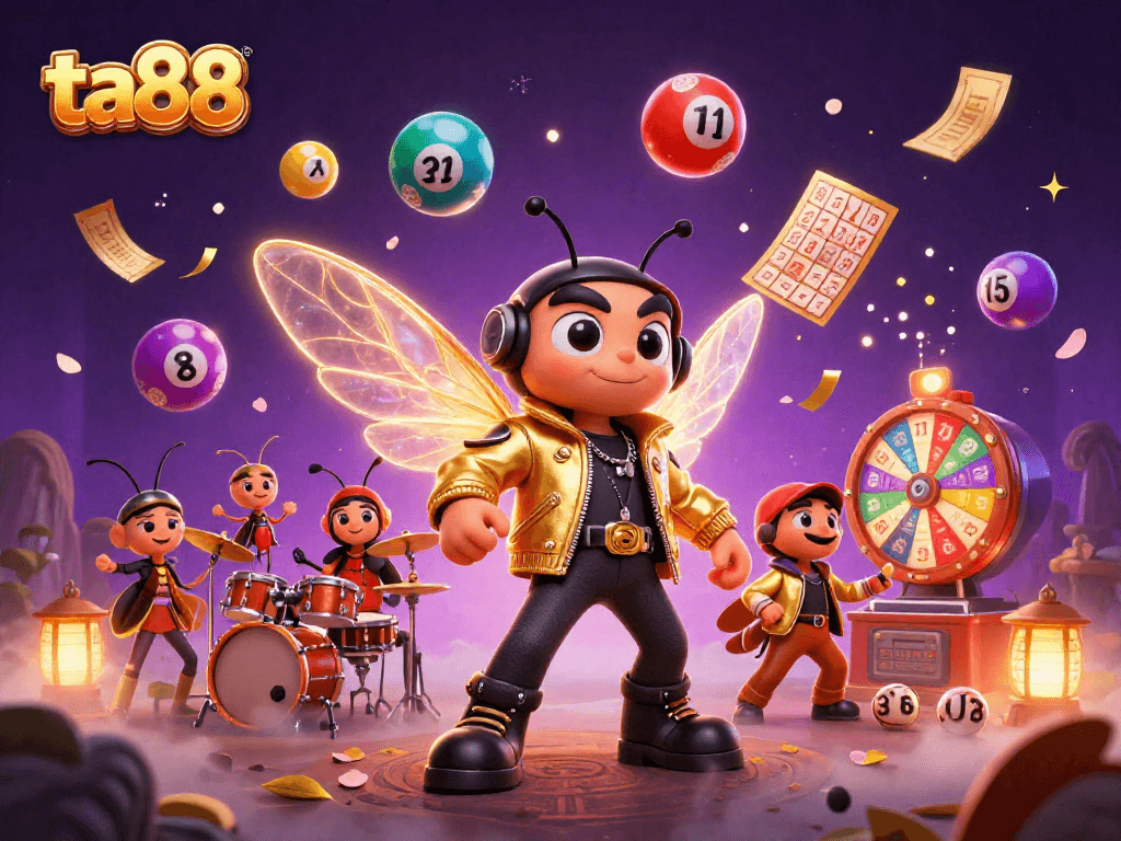 Experience excitement with ta88's vibrant casino-themed illustration featuring a rock star and gaming elements.