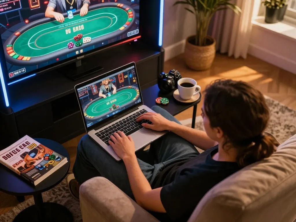 Lu88 online poker player enjoying a strategic gaming session on a laptop in a cozy home setting.