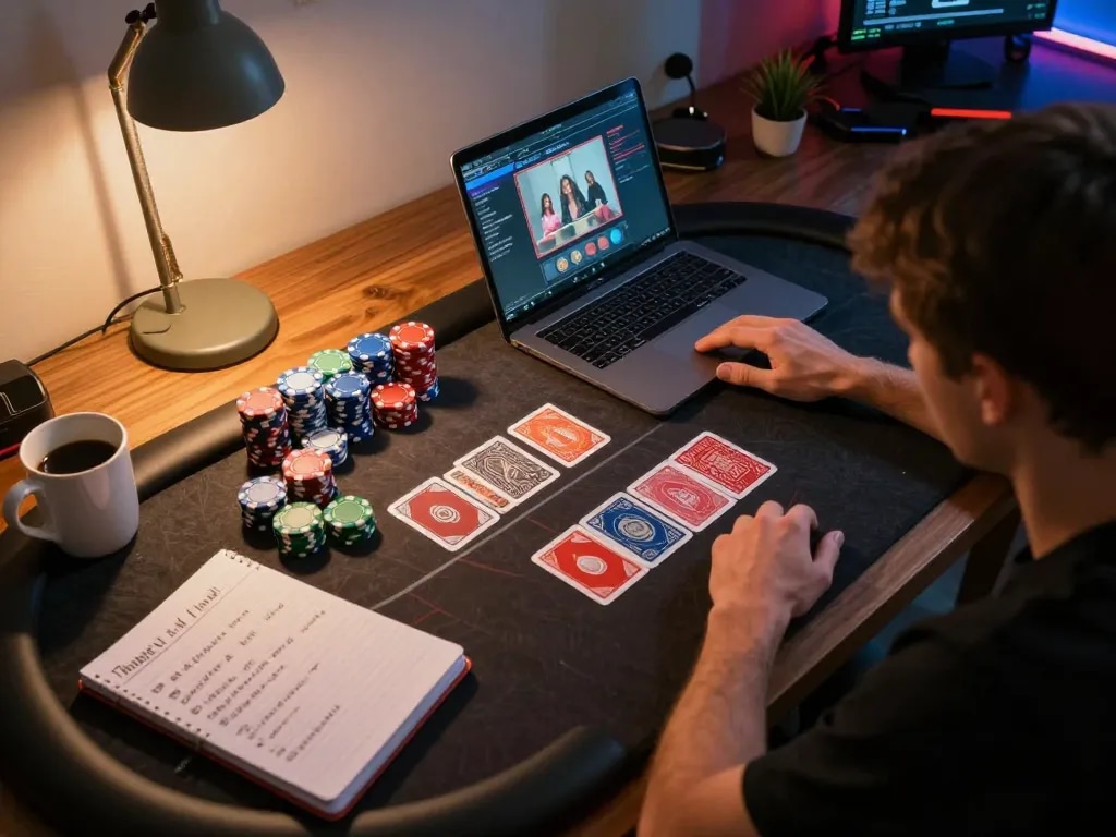 nk88 player strategizing during an online poker game with dedicated gaming setup