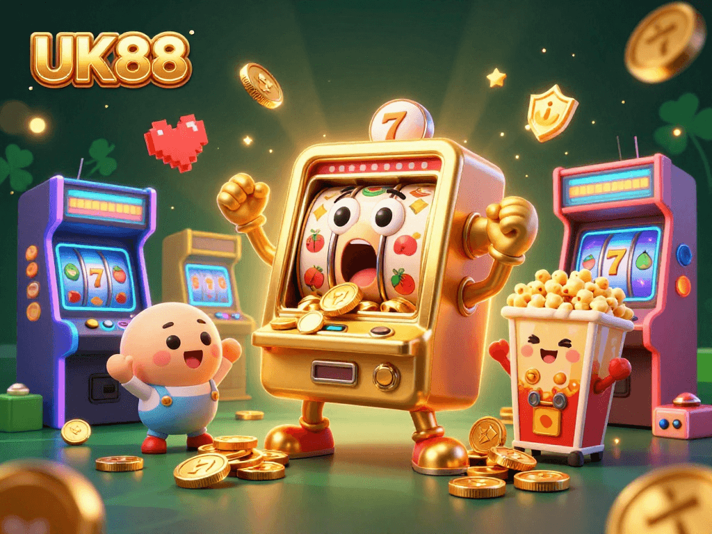 Experience the thrill of UK88 with a sensational slot machine jackpot scene full of excitement and colorful elements.