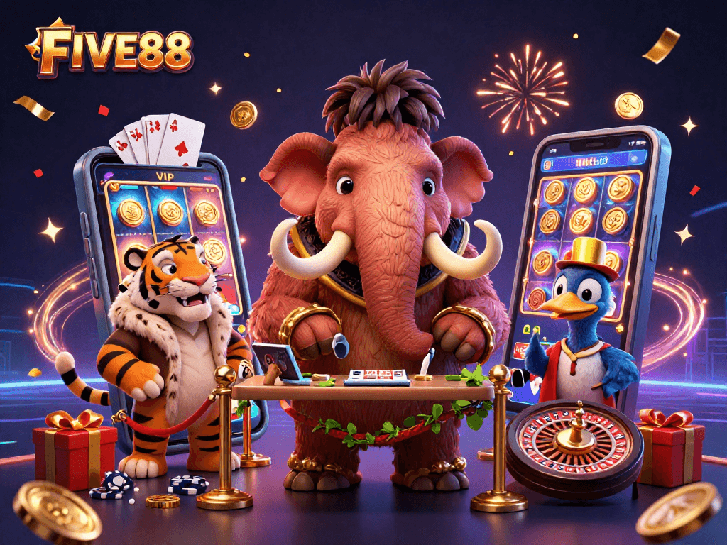 Experience excitement at FIVE88 with a vibrant casino scene featuring unique characters and games.