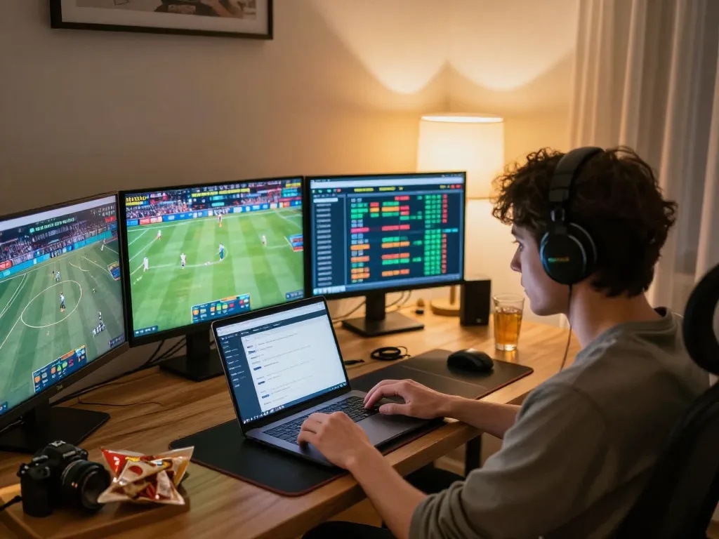 sunwin user placing strategic bets during live sports events in an engaging home gaming setup