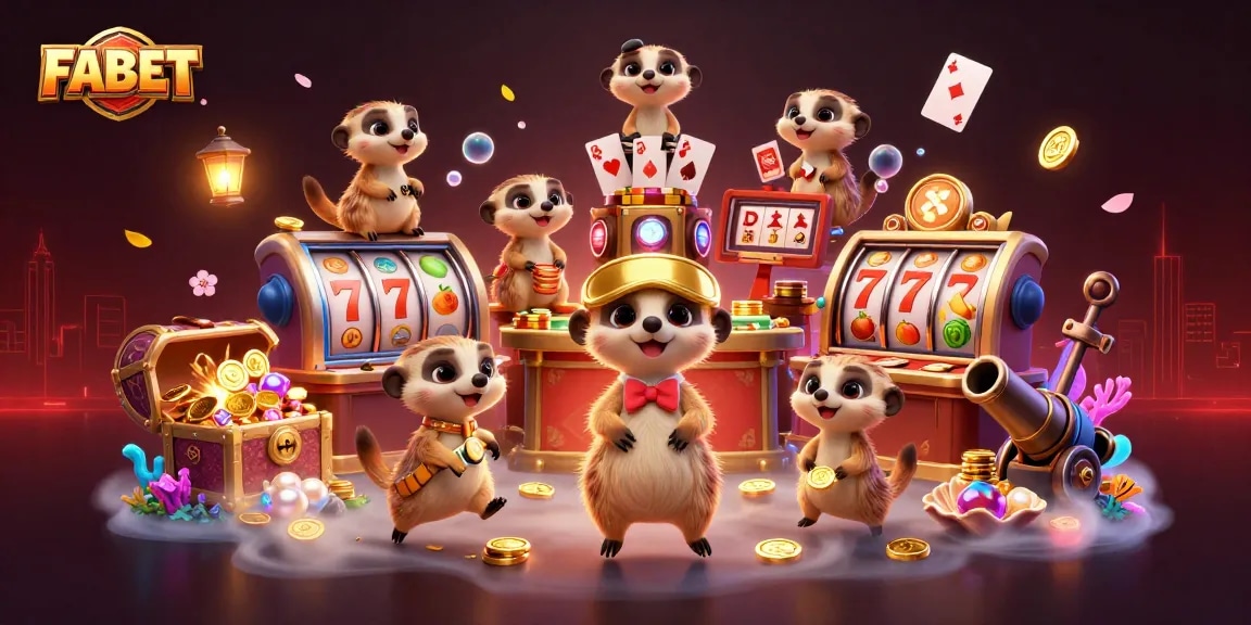 FABET Casino Scene: Meerkats Manage Slot Games and Chip Towers in 3D Digital Art.