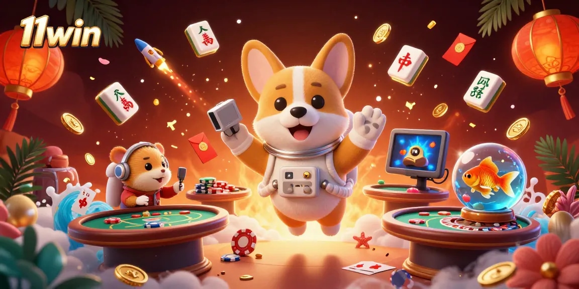 Experience thrilling gaming at 11win with a dazzling 3D casino scene featuring playful characters.