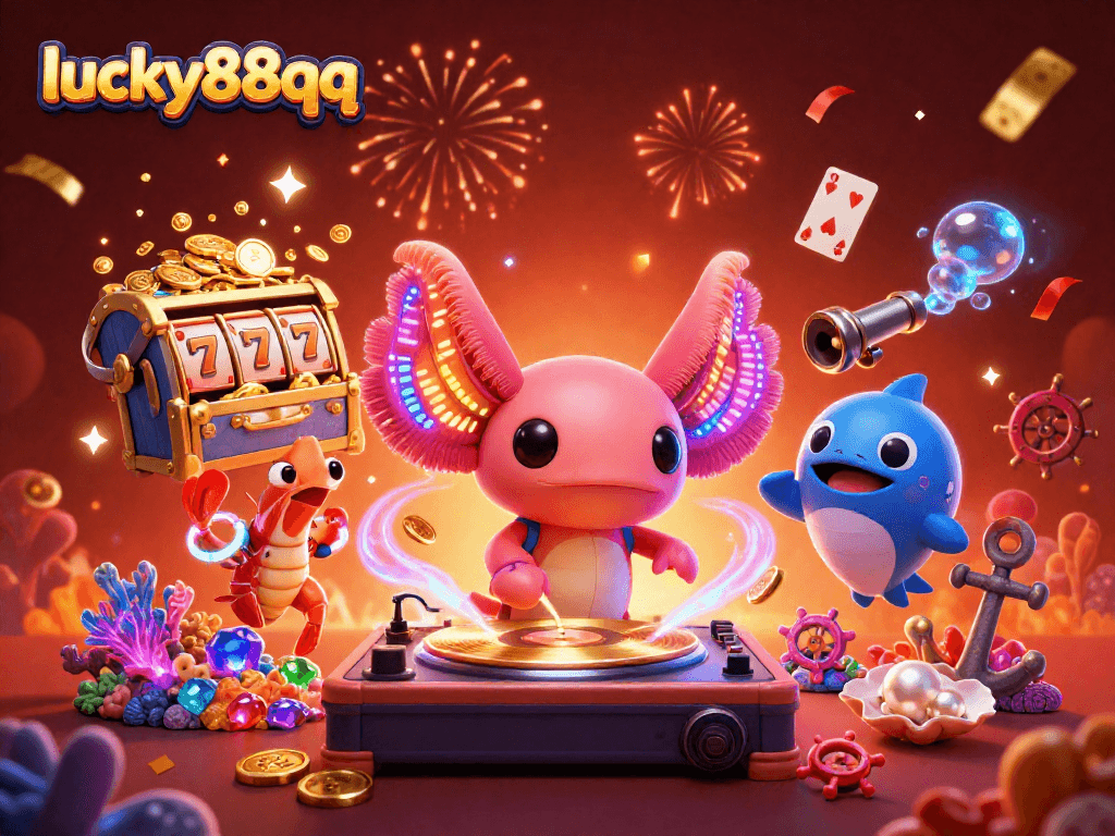 Experience the vibrant action at lucky88qq with a neon-colored axolotl DJ and treasure-filled underwater scene.