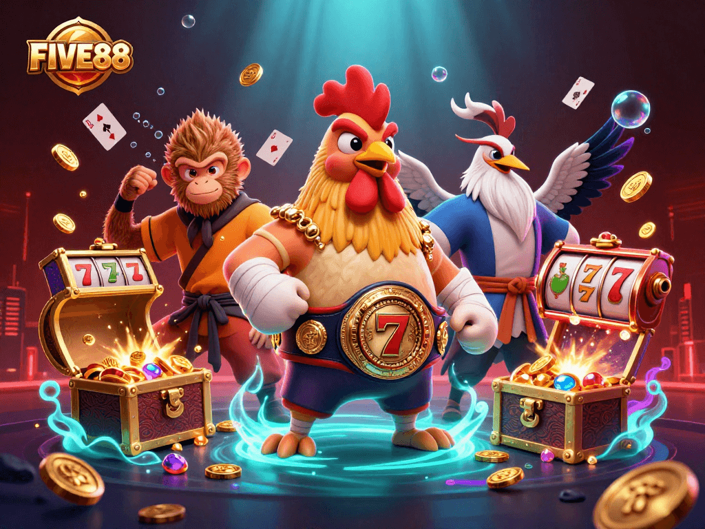 FIVE88 showcases a fierce cartoon rooster and martial artists amidst vibrant casino reels and colorful elements.