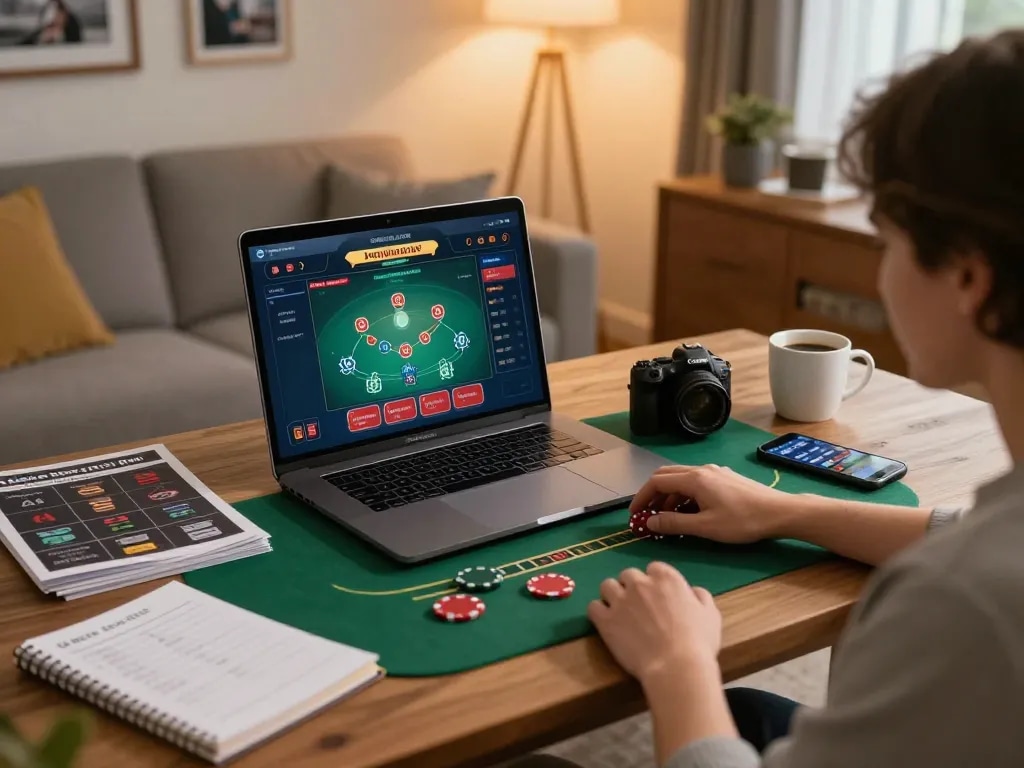 Engaged player strategizing on Fun88 com while playing blackjack online in a cozy home setting.