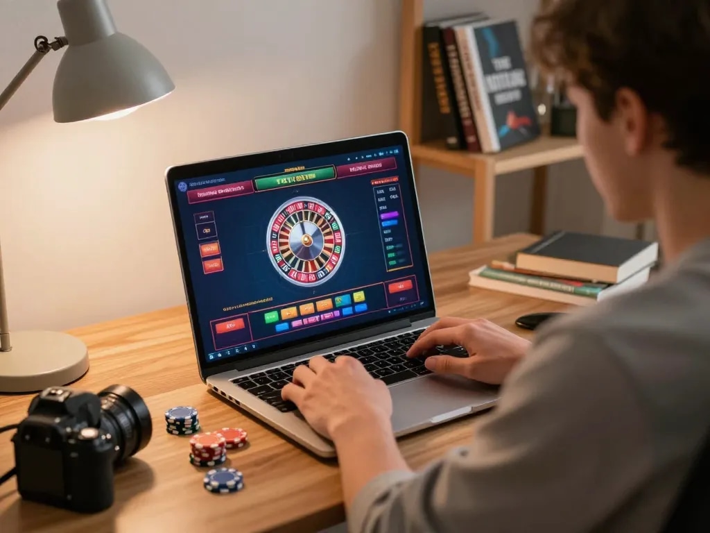 cm88 player engaged in a roulette game on laptop in a cozy home environment, reflecting responsible gambling.