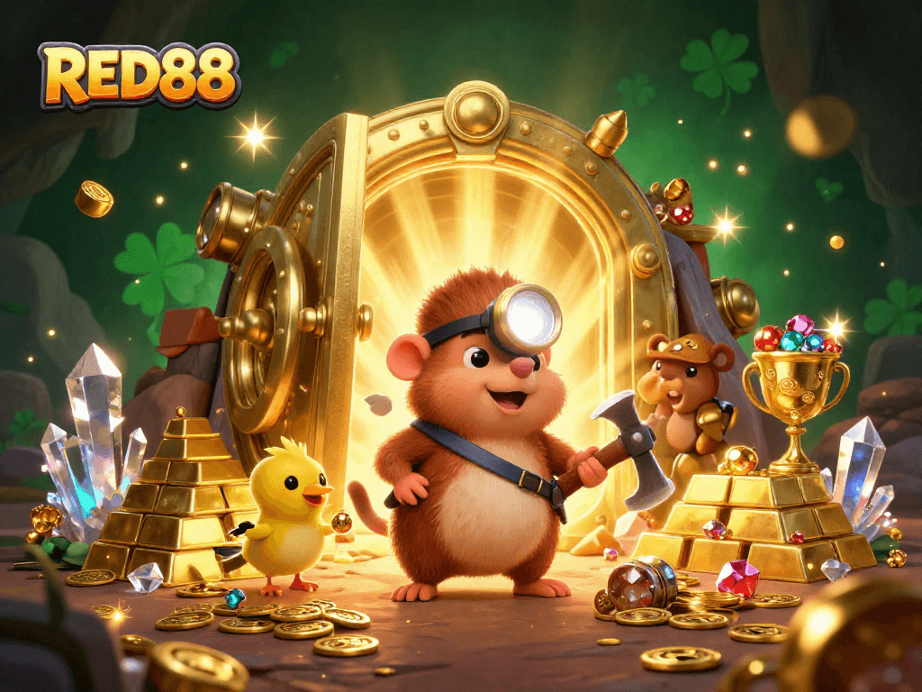 Engage with RED88 as a treasure-hunting mole discovers riches in a vibrant casino-themed scene.
