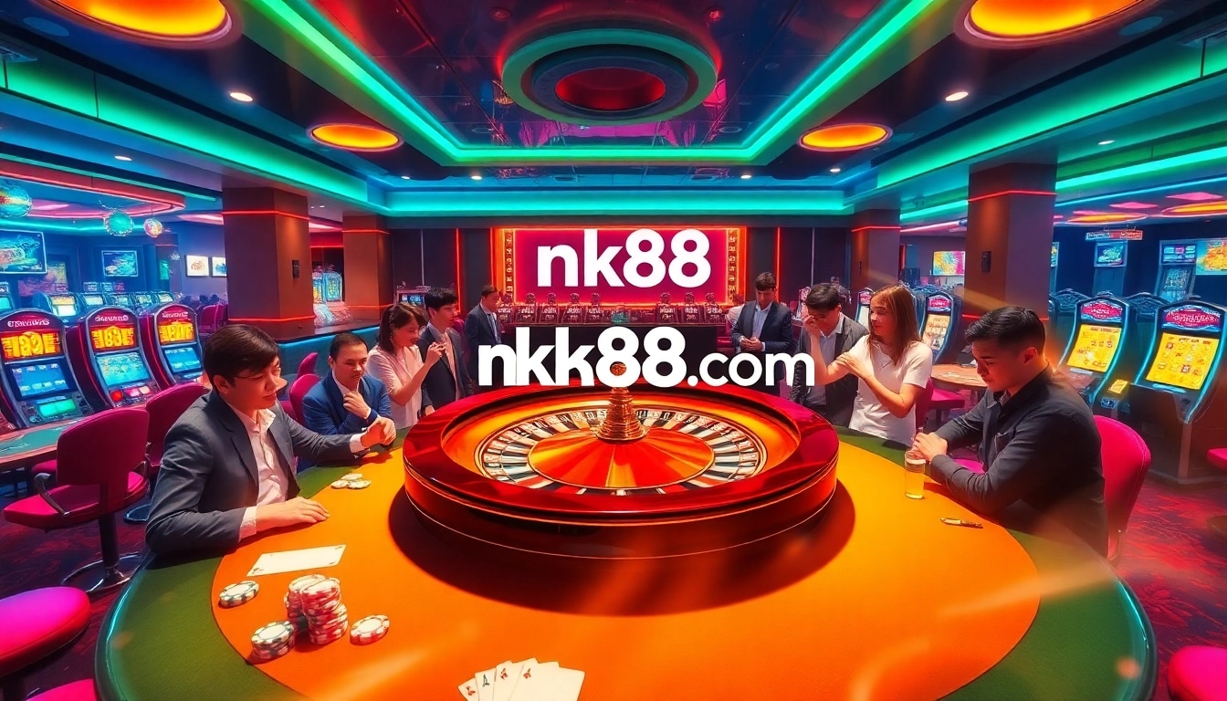 Players enjoying a roulette game at nk88.com, showcasing vibrant casino excitement and luxury.