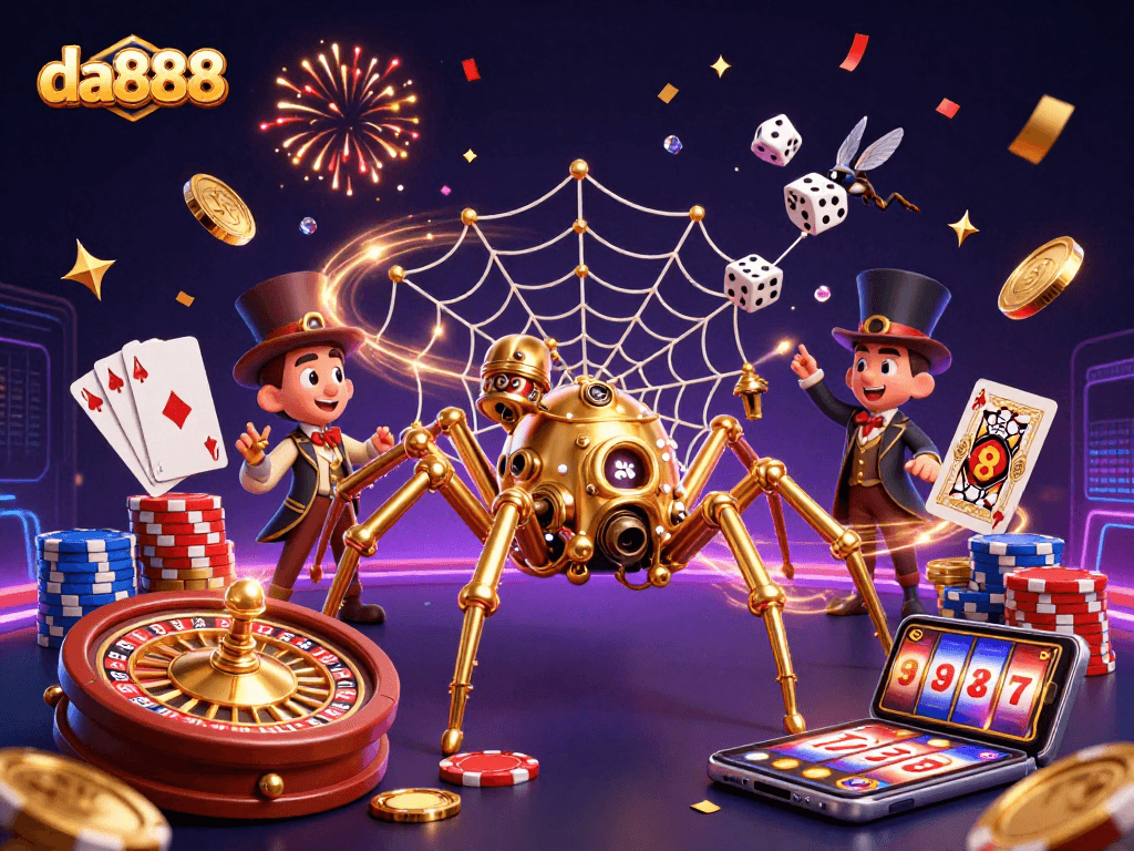 Engage with da888's vibrant casino scene featuring a steampunk spider and exciting games.